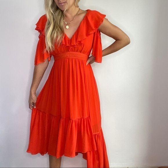Three Floor Orange Red Ruffle Dress - Picture 10 of 10
